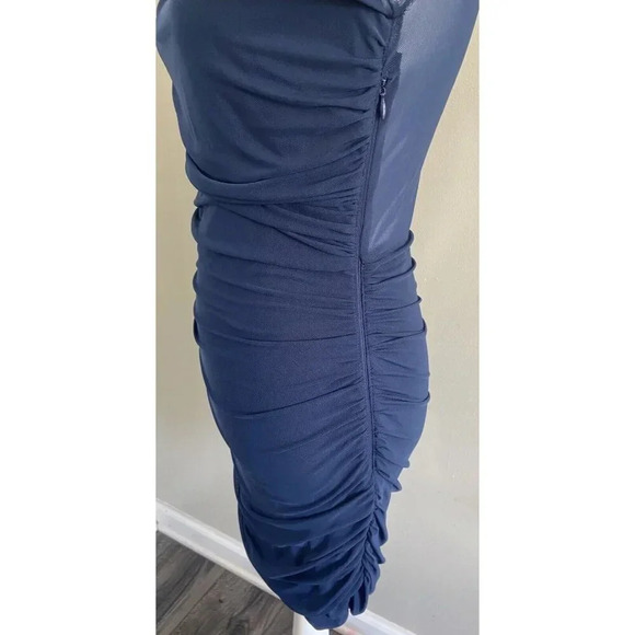 NWT Hello Molly Dress Ruched Sides Long Sleeve Sheer Back Navy Blue Large L New - Picture 2 of 5